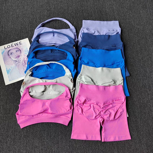 2 Pieces Yoga Suit for Women Seamless Fitness Gym Clothes Halter Sports Bra Matching Impact Shorts Workout Sets Gym Set Outfit
